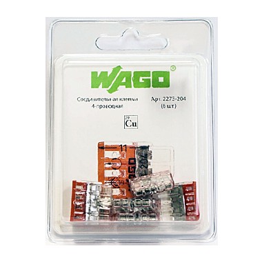 Соед.клемма д/быстр. монтажа 2273-204 4-х пров.(0,5-2,5кв.мм) 450В, 24А, б/пасты, IP20, ВАГО (уп.6шт)